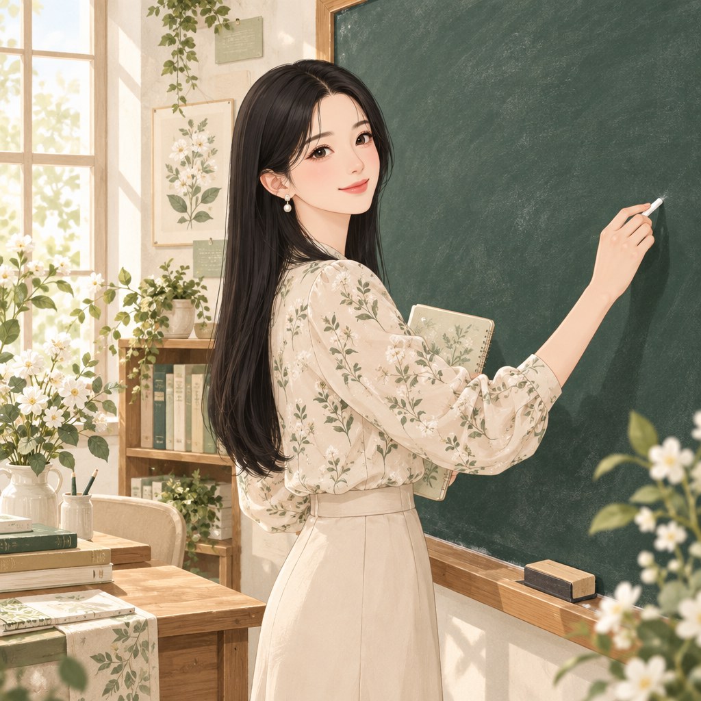 花を飾った教室で、ヘジュ先生が緑色の黒板に書きながら韓国語を教えています。